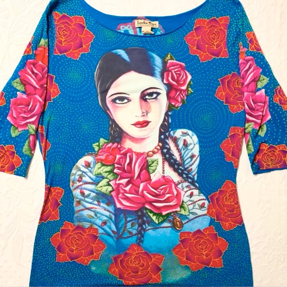 Lucky Brand Tee Vintage Floral Woman Stunning Graphics 3/4-Sleeves Size Large